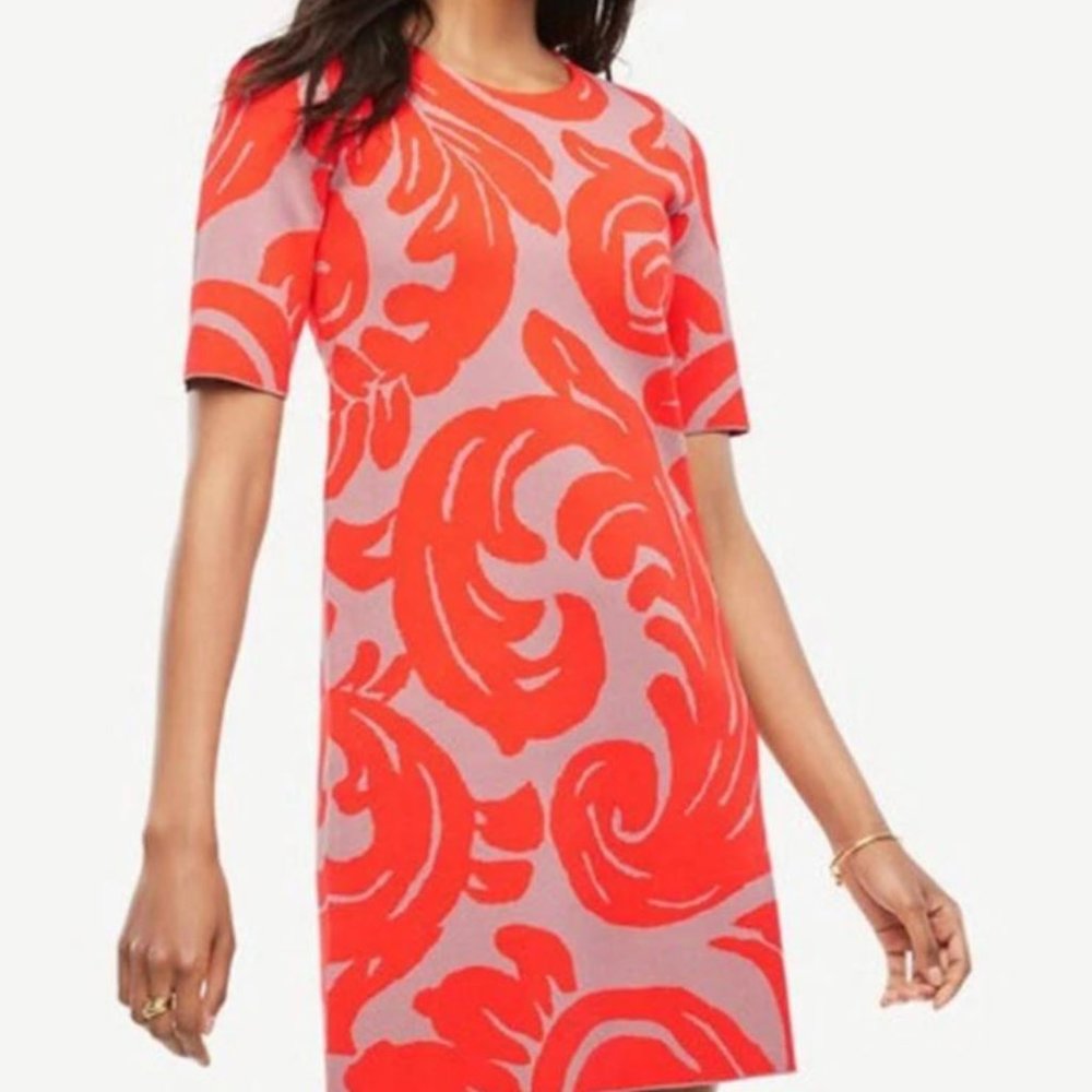 Ann Taylor Fan Leaf Sweater Dress Sze M Red orange